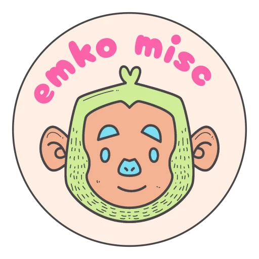 Emko logo. A circle with a green, blue, and orange smiling monkey head with pink bubble letters above it that say "Emko Misc."